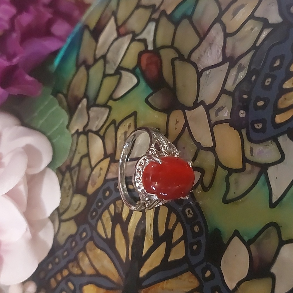Catseye Glass Red Silver Fashion Ring 9 1/2 - Picture 5 of 7